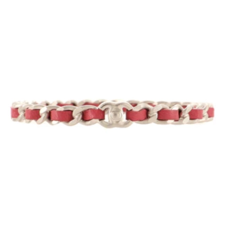 CHANEL Interwoven Chain CC Turnlock Bracelet Metal and Leather Red Size Large